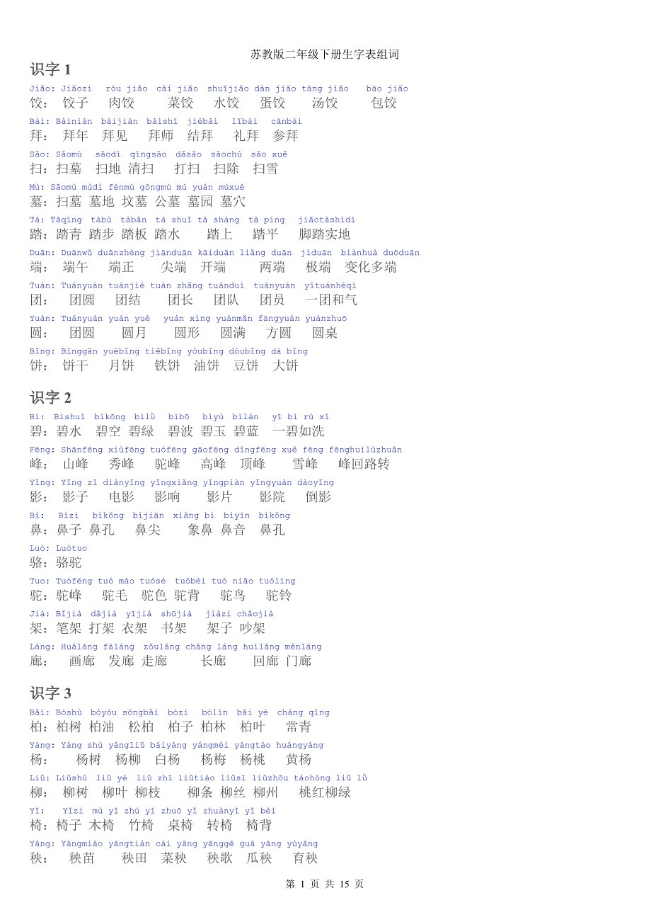 苏教版二年级下册生字表和组词_带拼音_第1页