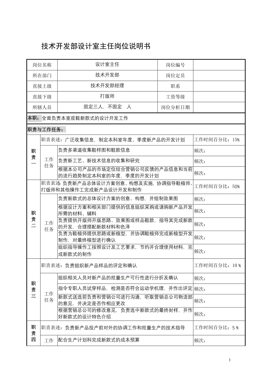 制鞋企业技术开发部设计室主任岗位说明书_第1页