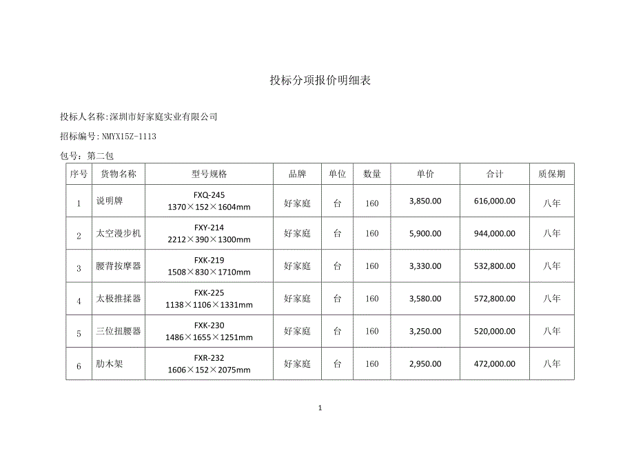 投标分项报价明细表_第1页