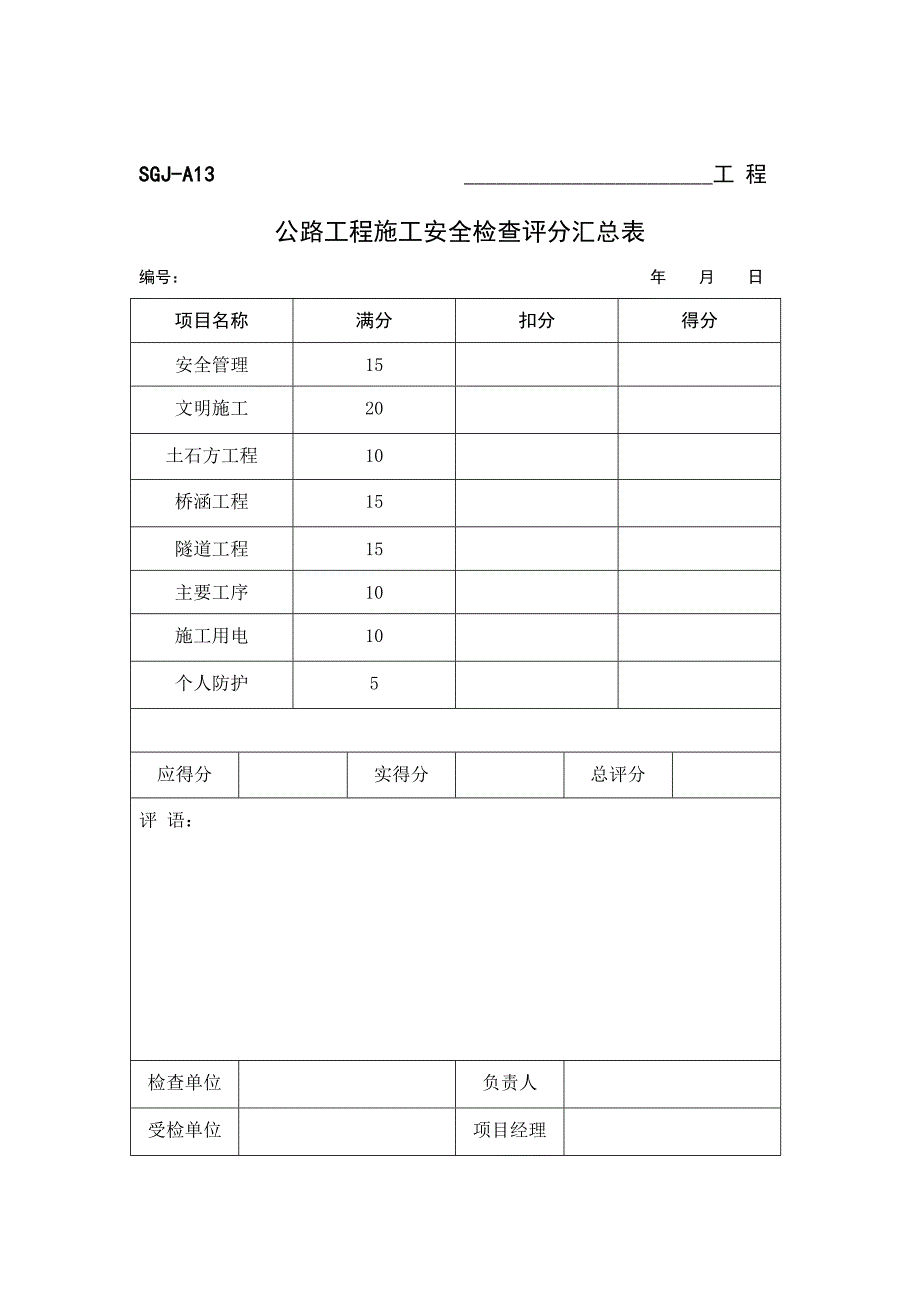 公路工程施工安全检查评分汇总表_第1页