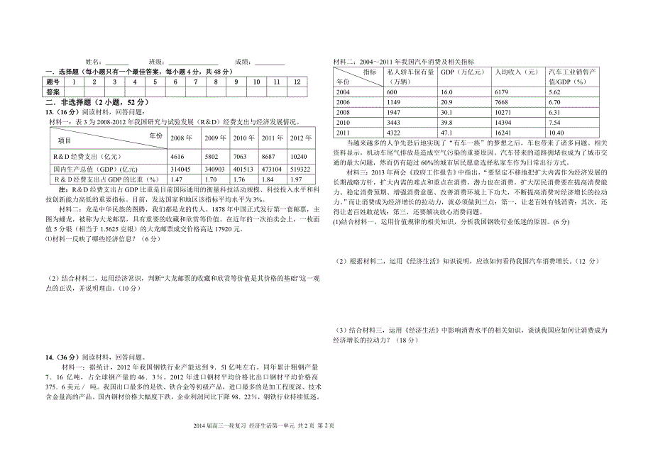 加美学校2014届高三政治经济生活第一单元测试题_第2页