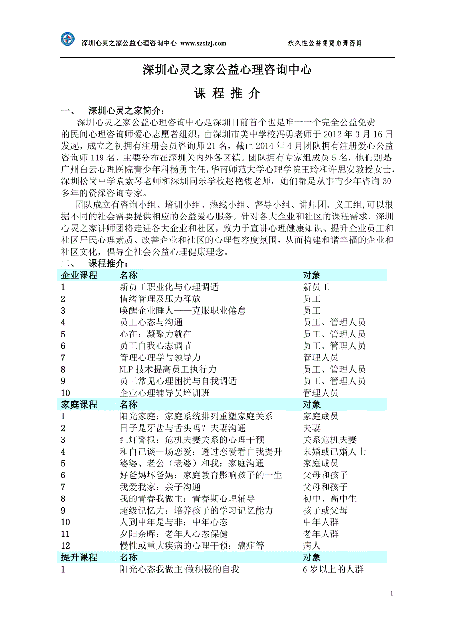 深圳心灵之家公益心理咨询中心课程推介_第1页