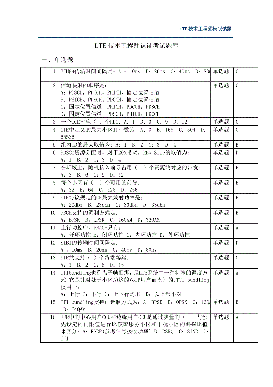 LTE技术工程师认证考试题库_第1页