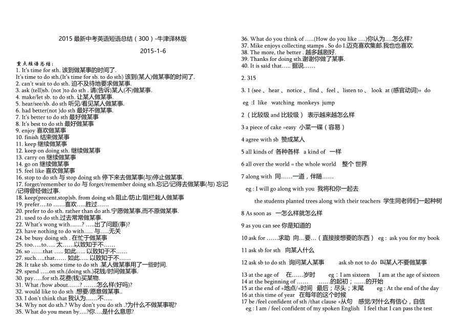 2015最新中考英语短语总结(300)-牛津译林版_第1页