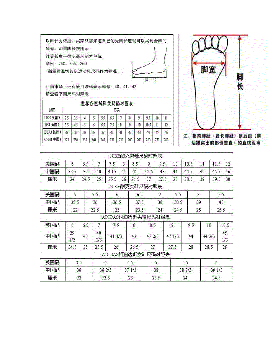 脚长及鞋的尺码对照表_第2页