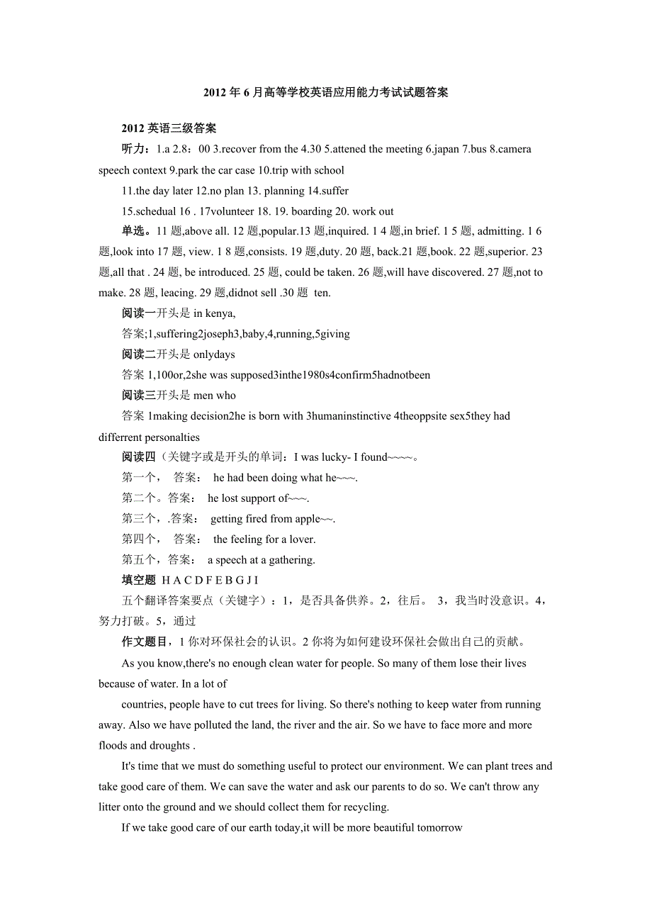2012年6月高等学校英语应用能力考试试题答案_第1页