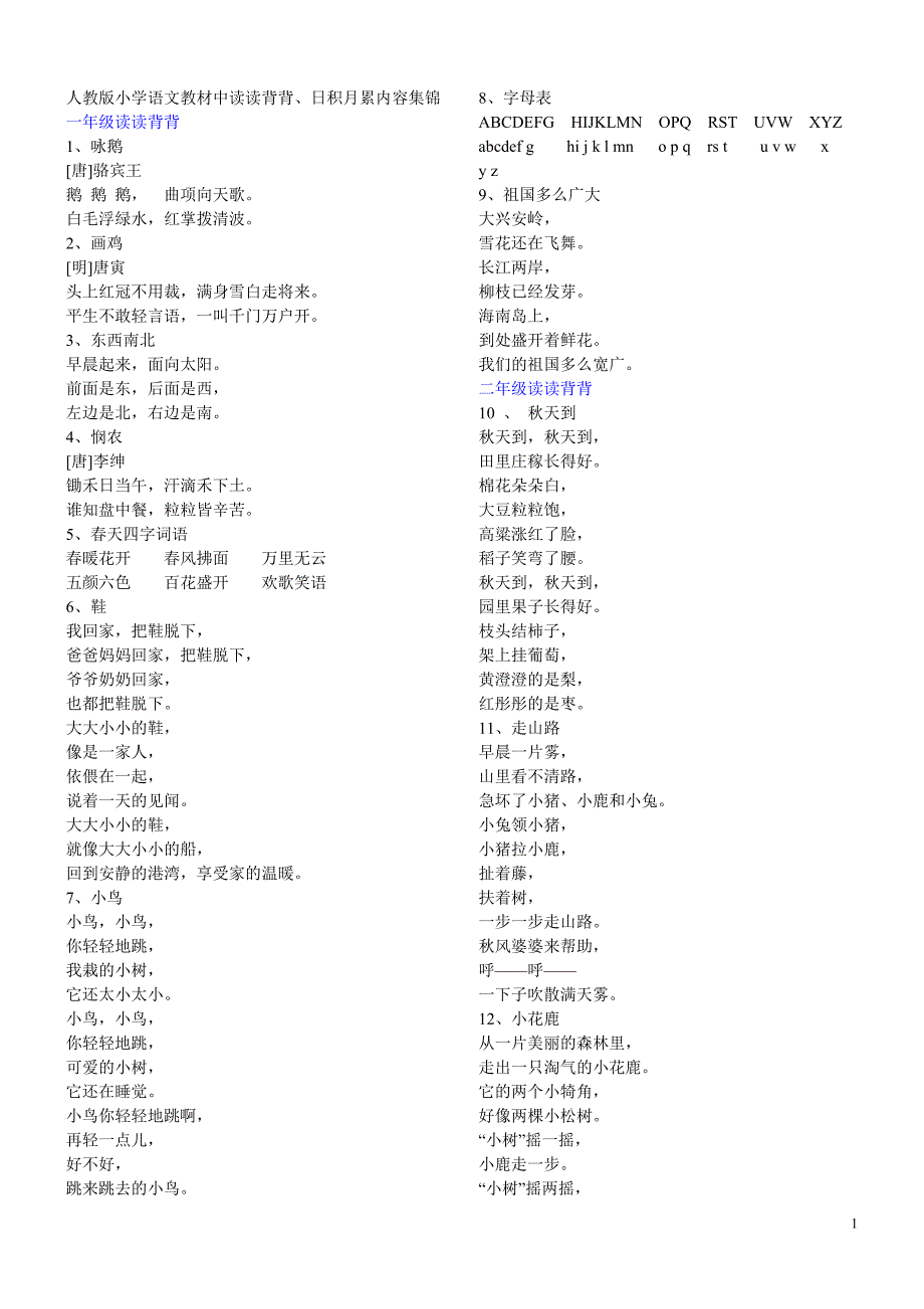 人教版小学语文教材中读读背背、日积月累内容集锦_第1页