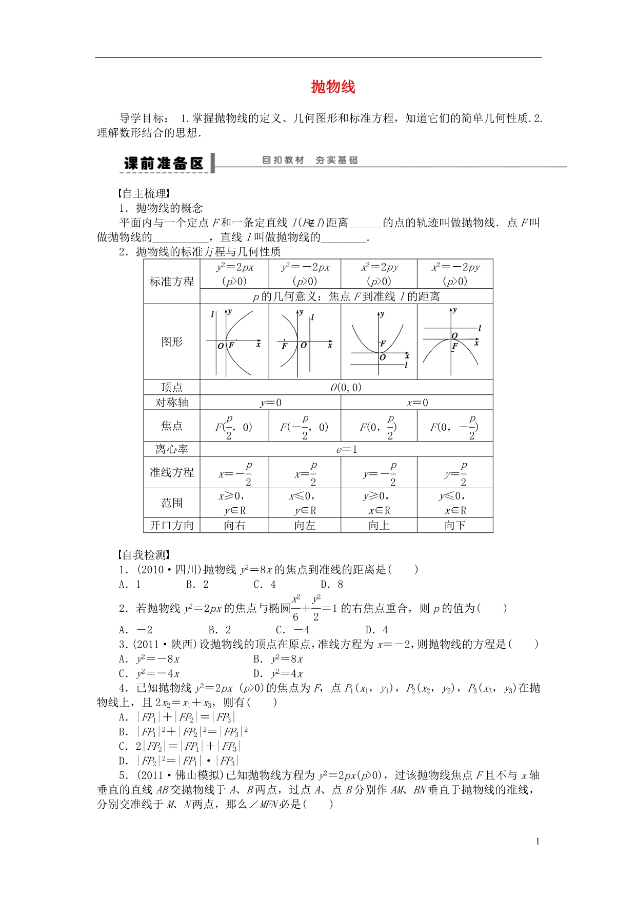 【步步高】（广东专用）2015高考数学大一轮复习 9.7 抛物线导学案 理_第1页