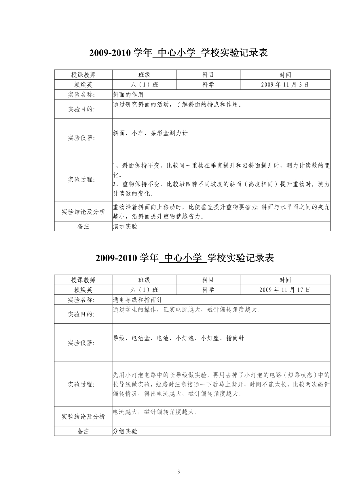 10-209-10学年中心小学六年级科学实验记录_第3页