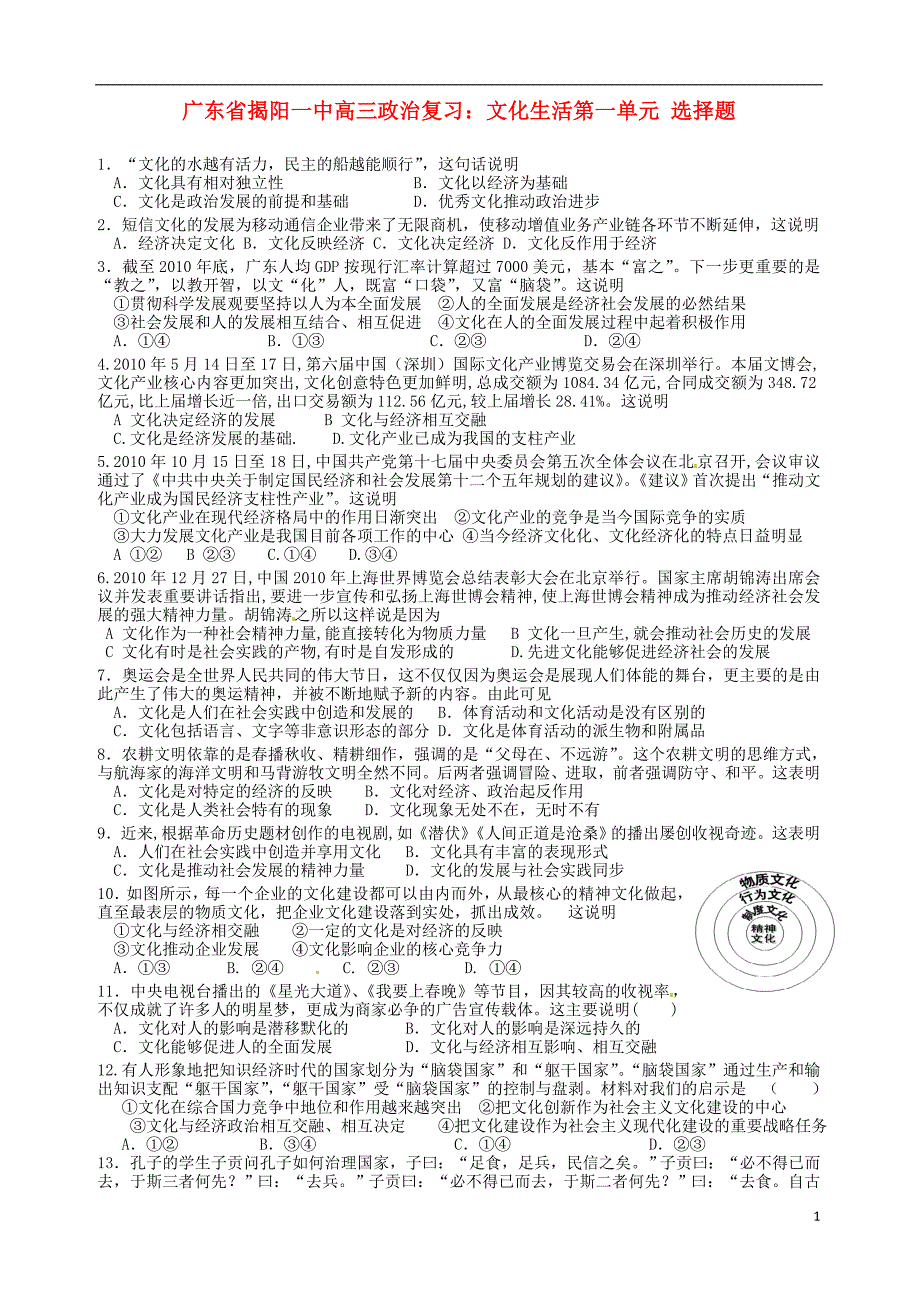 广东省揭阳一中高三政治文化生活第一单元选择题复习_第1页