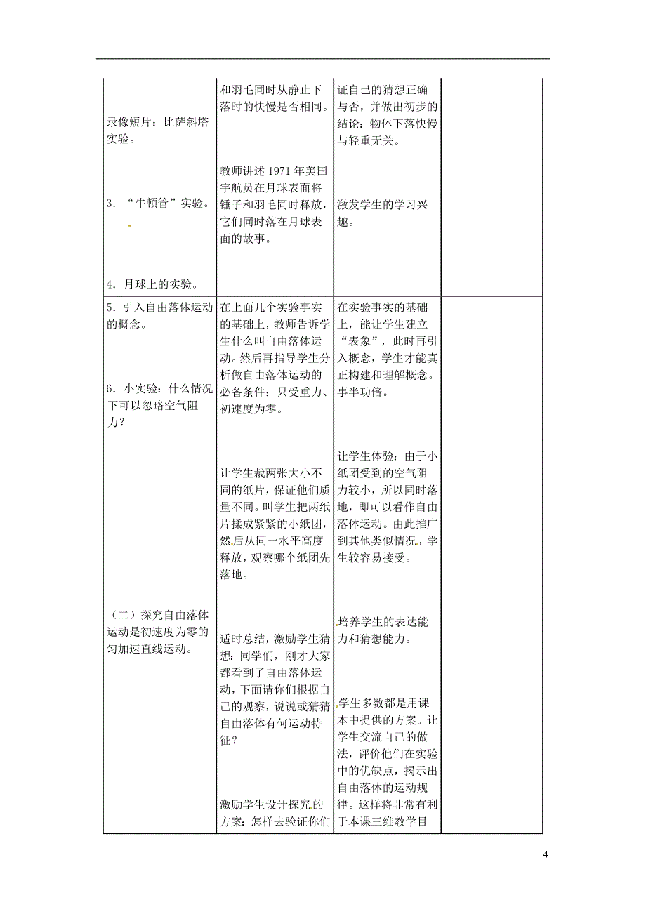 广东省江门市2014年高中物理 2.5 自由落体运动教学设计 新人教版必修1_第4页