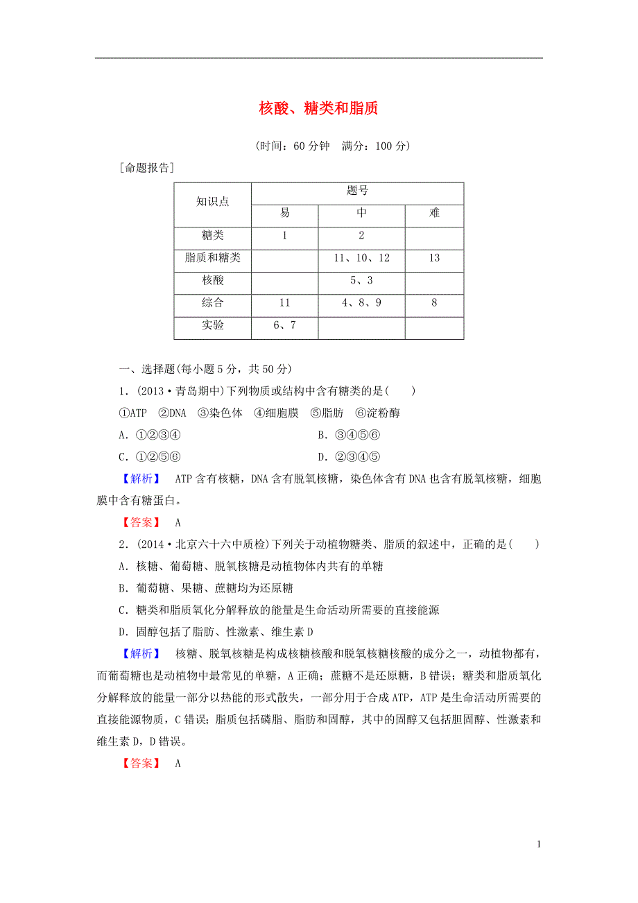 【高考讲坛】（新课标）2015届高考生物一轮复习 第1单元 第4讲 核酸、糖类和脂质课时限时检测_第1页