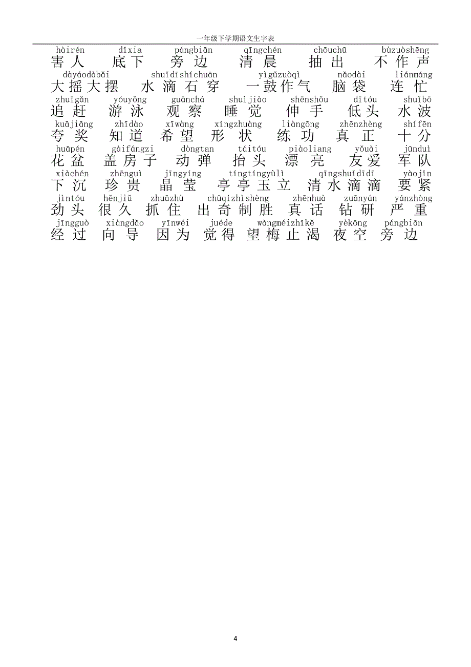 上海一年级下学期第二学期语文词语生字表(带拼音)_第4页