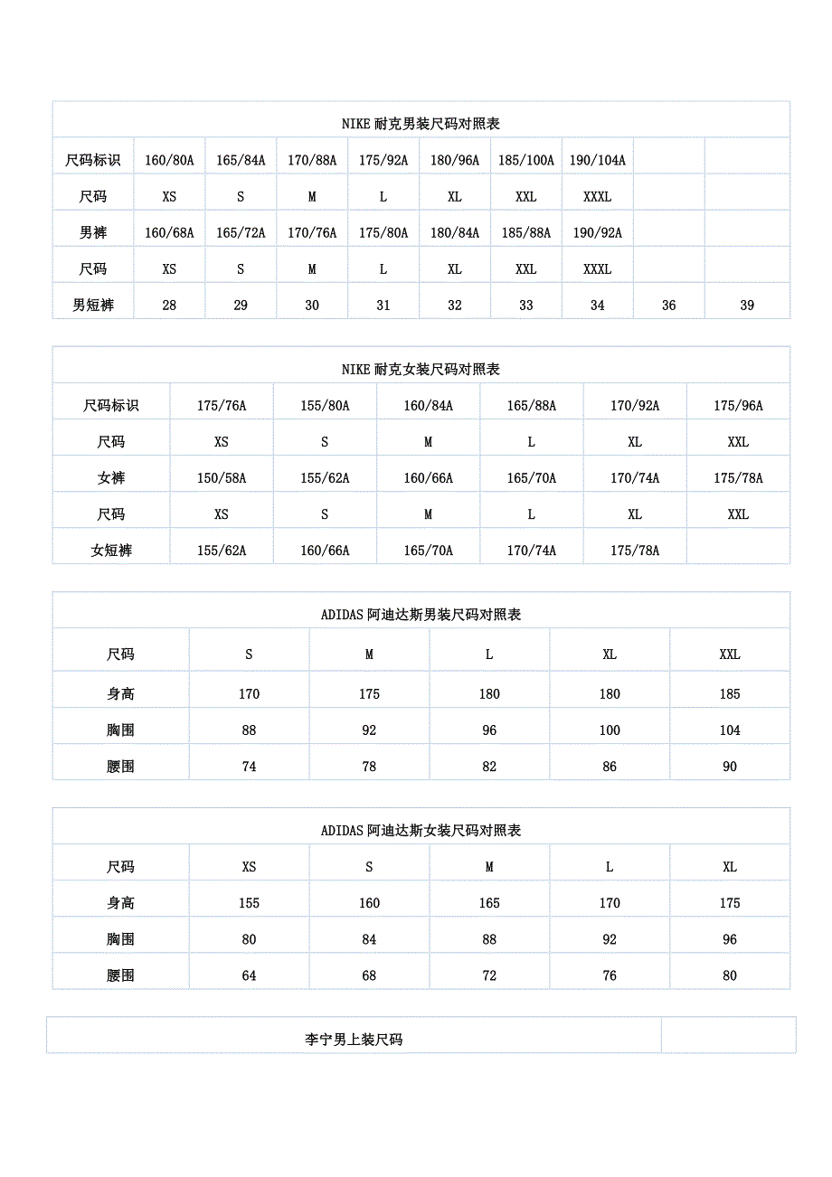 NIKE耐克男装尺码对照表_第1页
