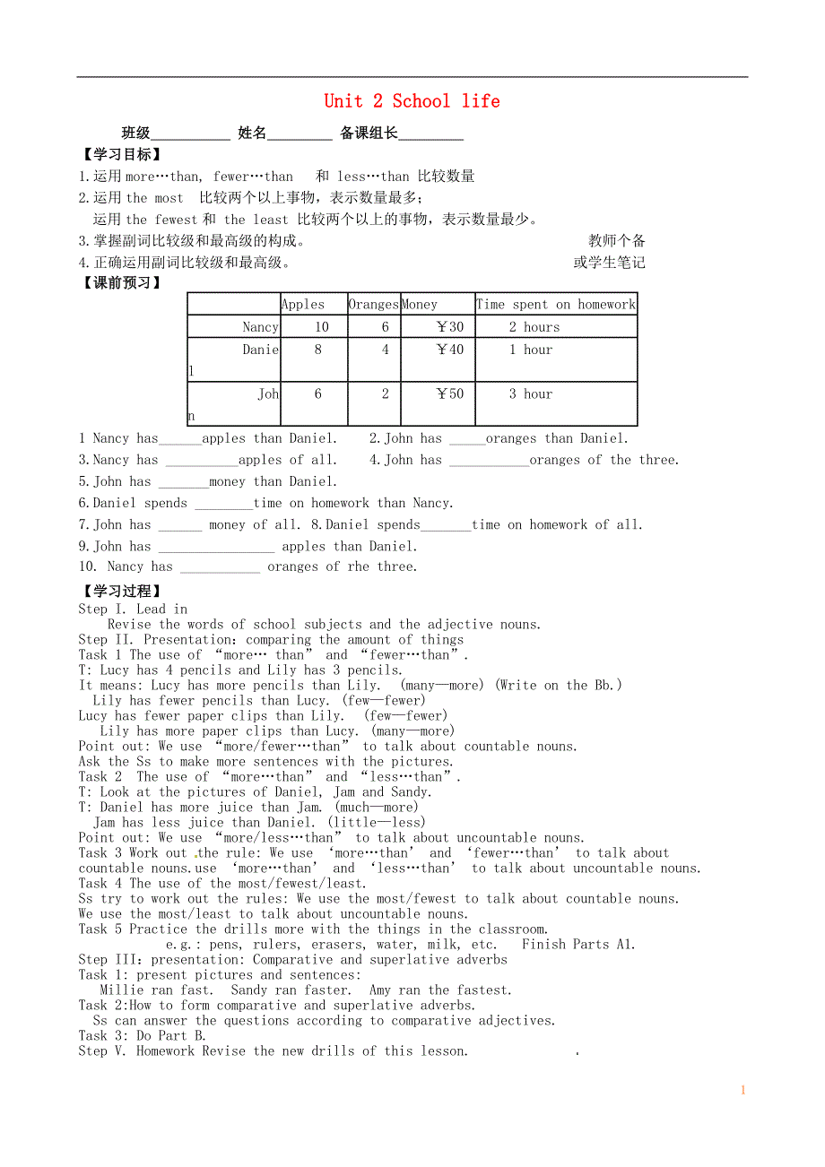 江苏省丹阳市第三中学八年级英语上册 Unit 2 School life Grammar导学案（无答案） 牛津版_第1页