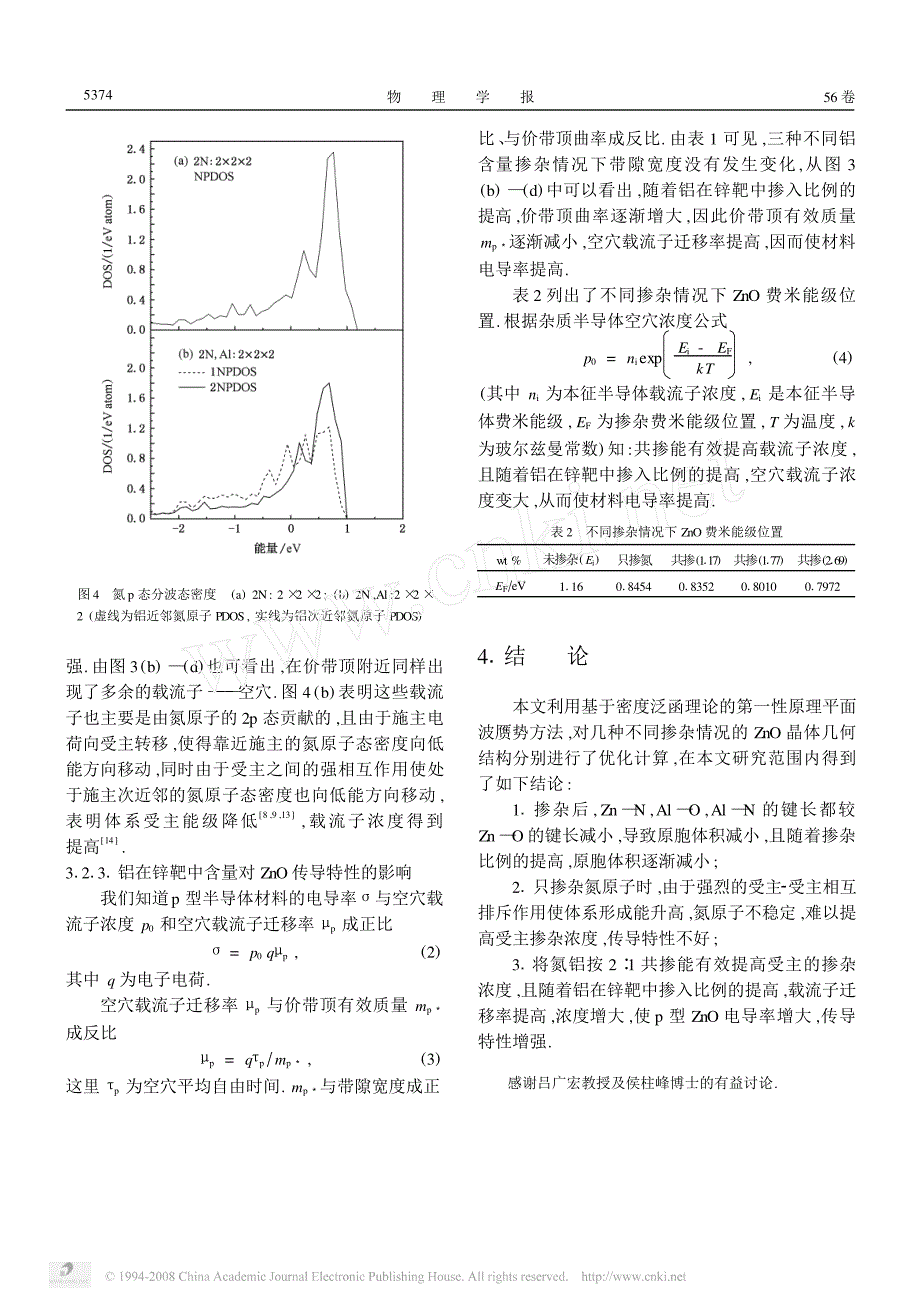 ZnO电子结构和p型传导特性的第一性原理研究_第4页