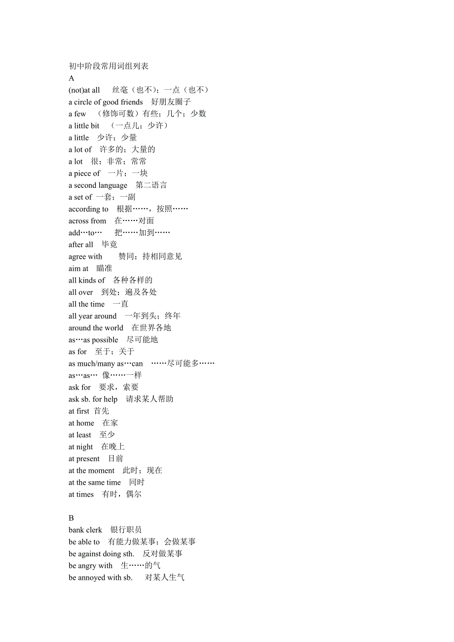 初中阶段常用词组列表_第1页