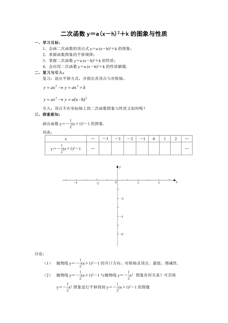 ya(x-h)2k的图像与性质导学案_第1页