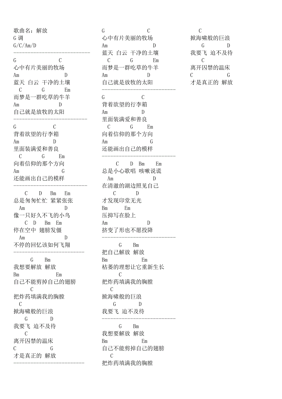 解放-羽泉吉他谱C调G调_第1页