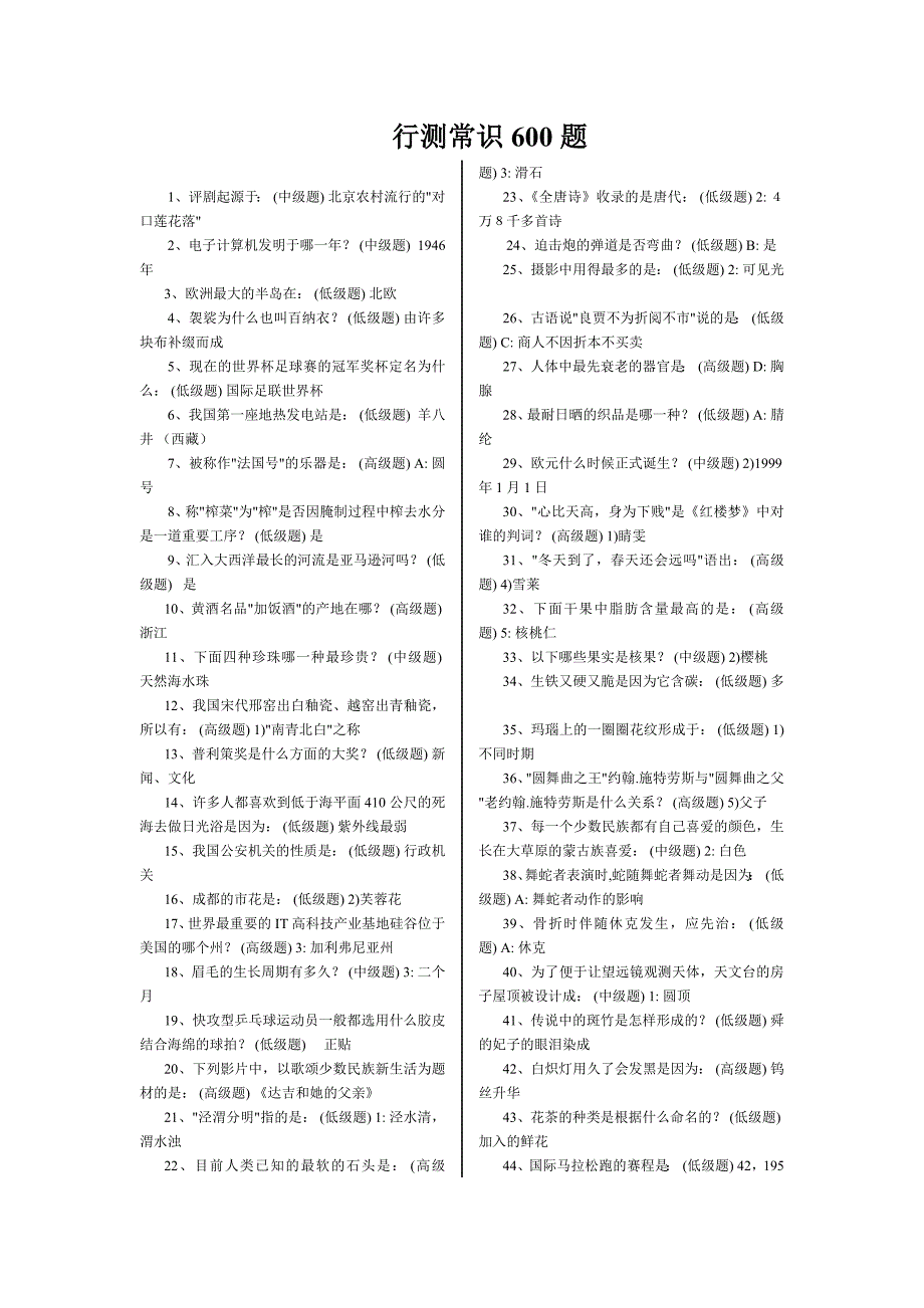 2012年公务员行测常识600题_第1页