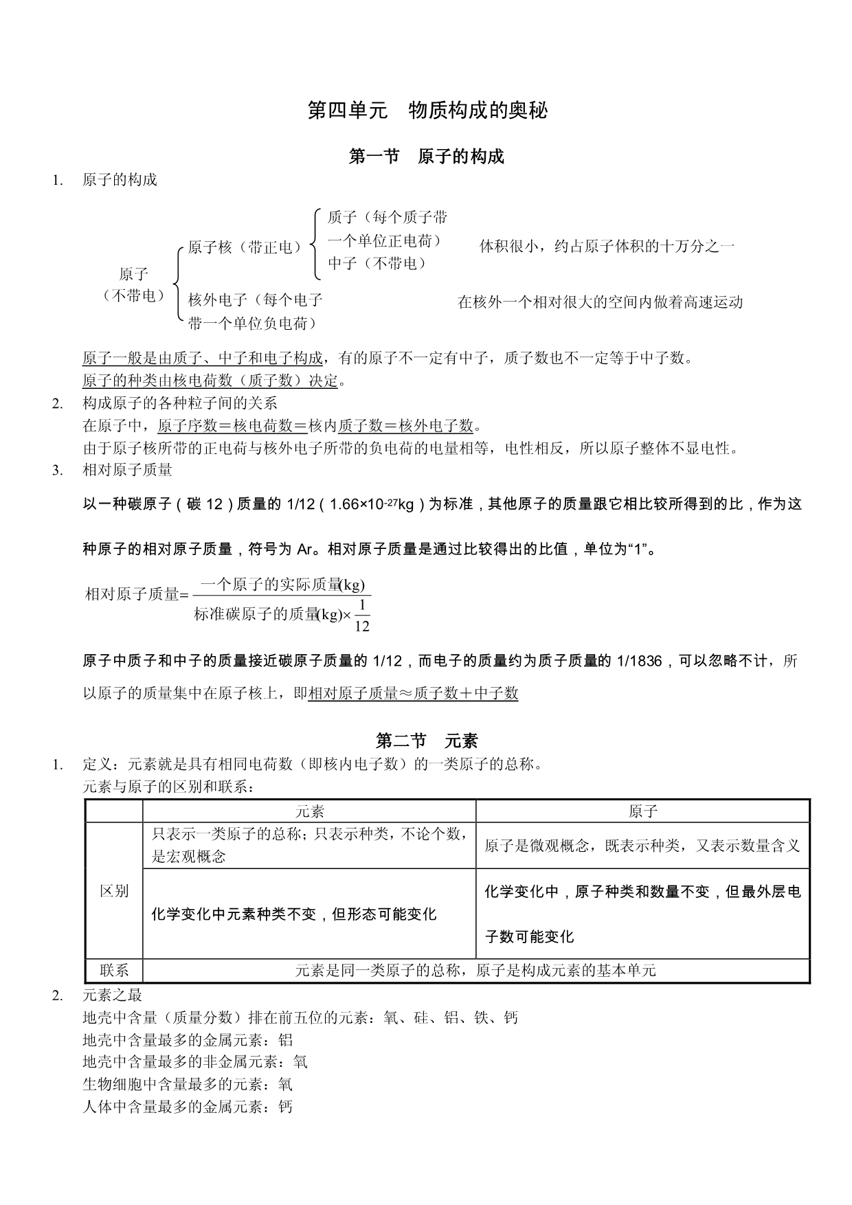 九年级化学上册第四单元复习提纲_第1页