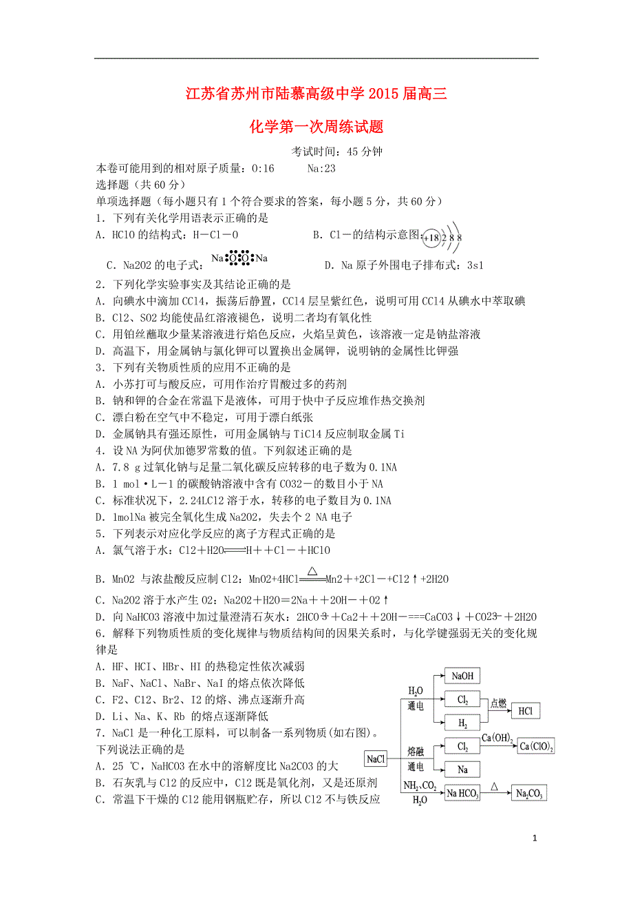 江苏省苏州市陆慕高级中学2015届高三化学第一次周练试题苏教版_第1页