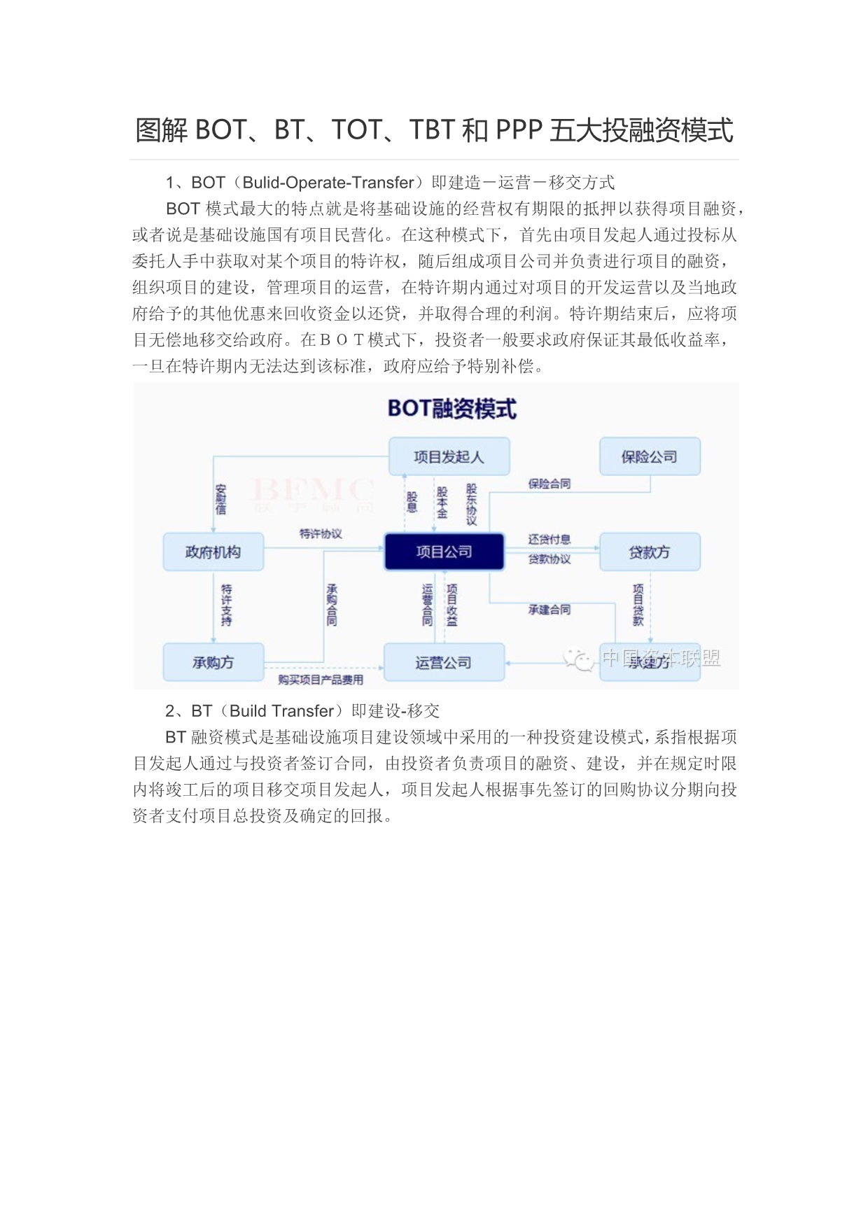 图解BOT、BT、TOT、TBT和PPP五大投融资模式_第1页