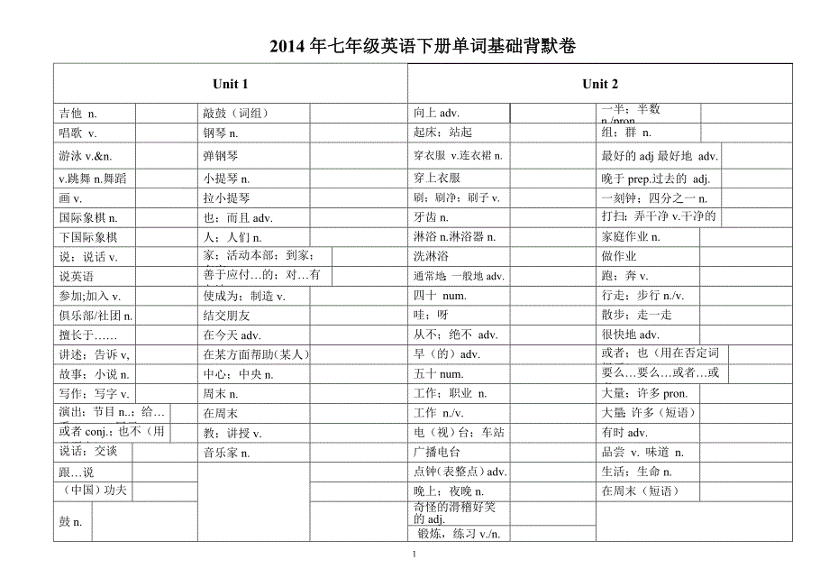 2015新版新目标英语七年级下册单词表(默写版)_第1页