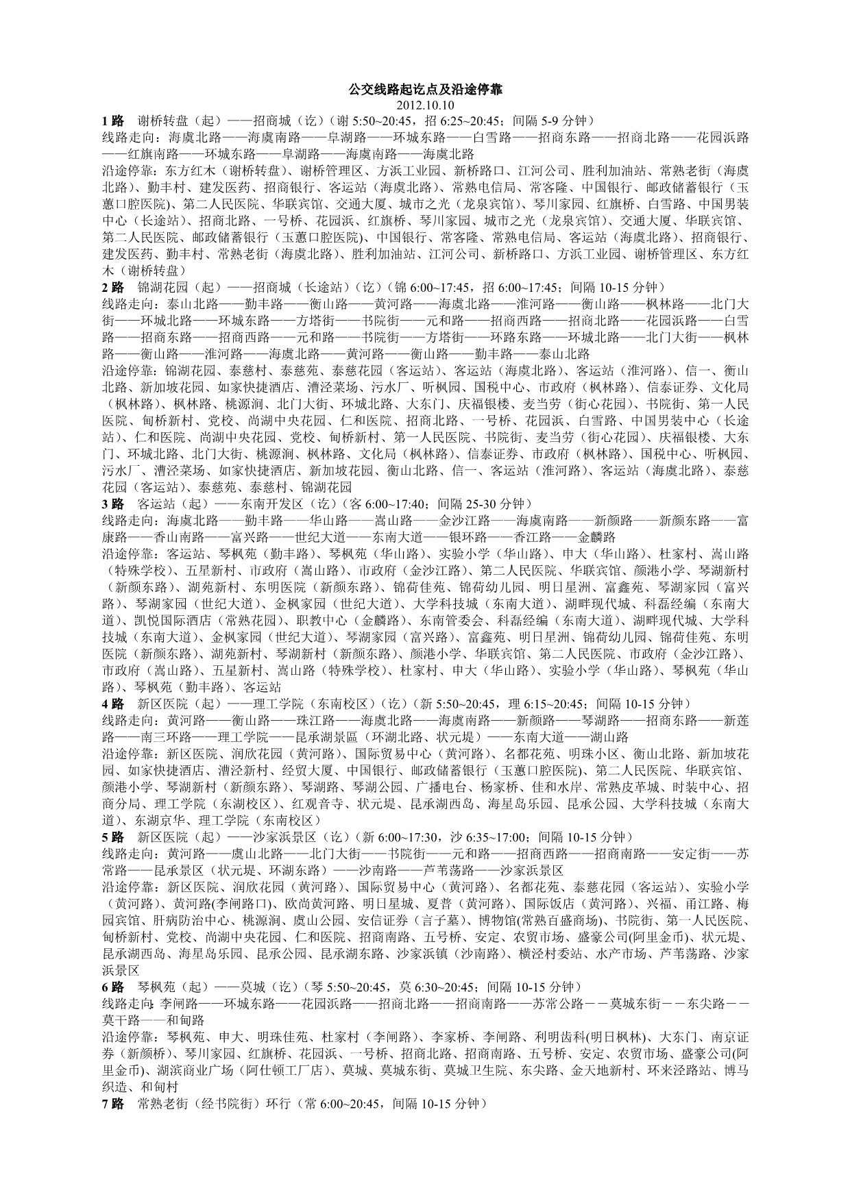 常熟市100条公交线路起讫点及沿途停靠_第1页