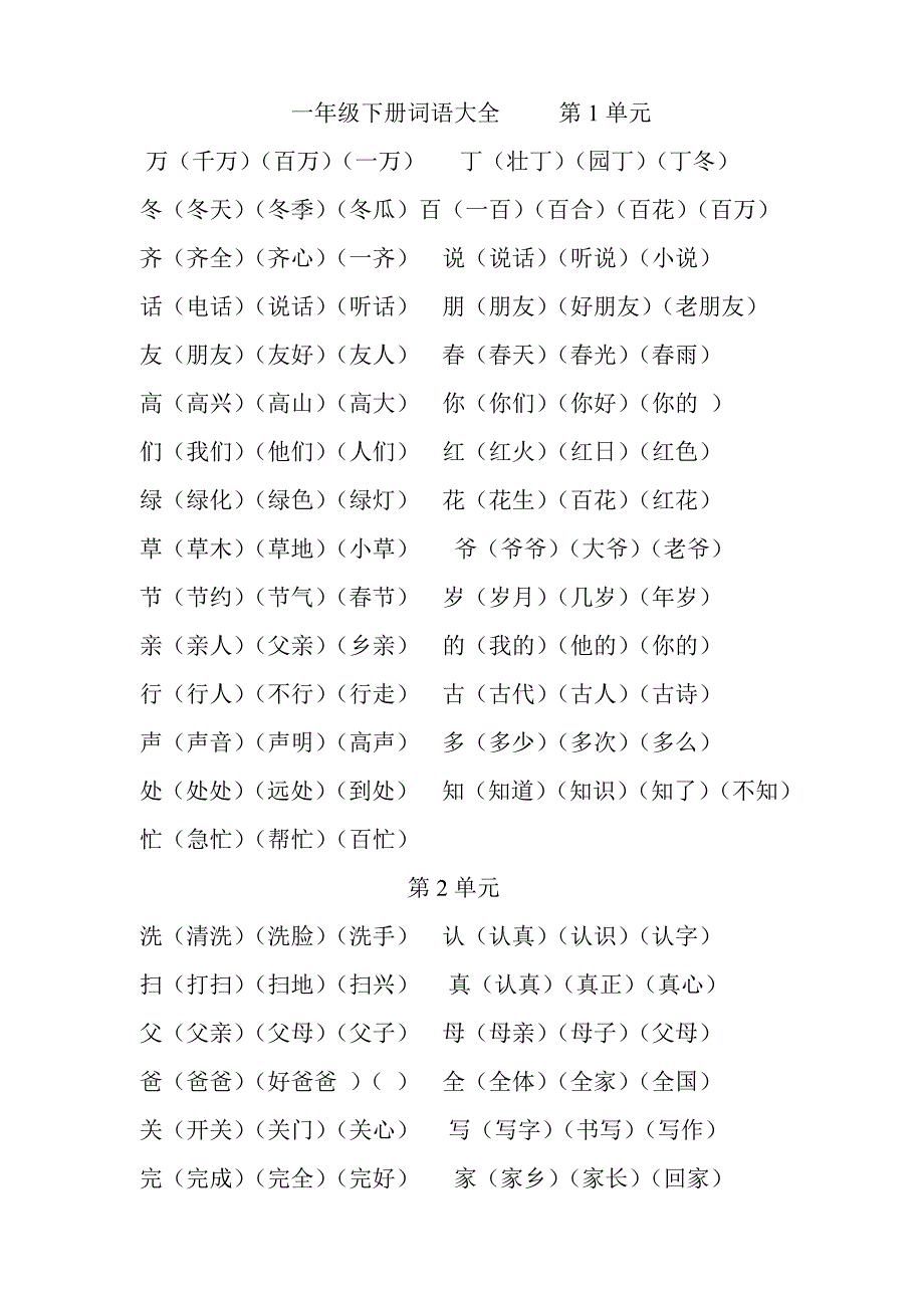 人教版一年级语文下册组词及词语_第1页