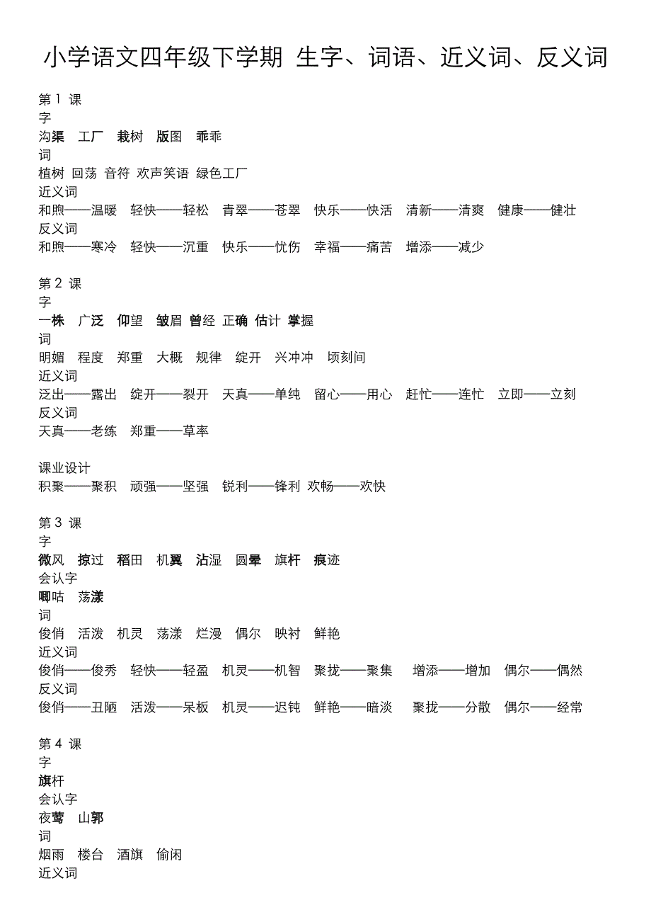 小学语文四年级下学期生字、词语、近、反义词_第1页