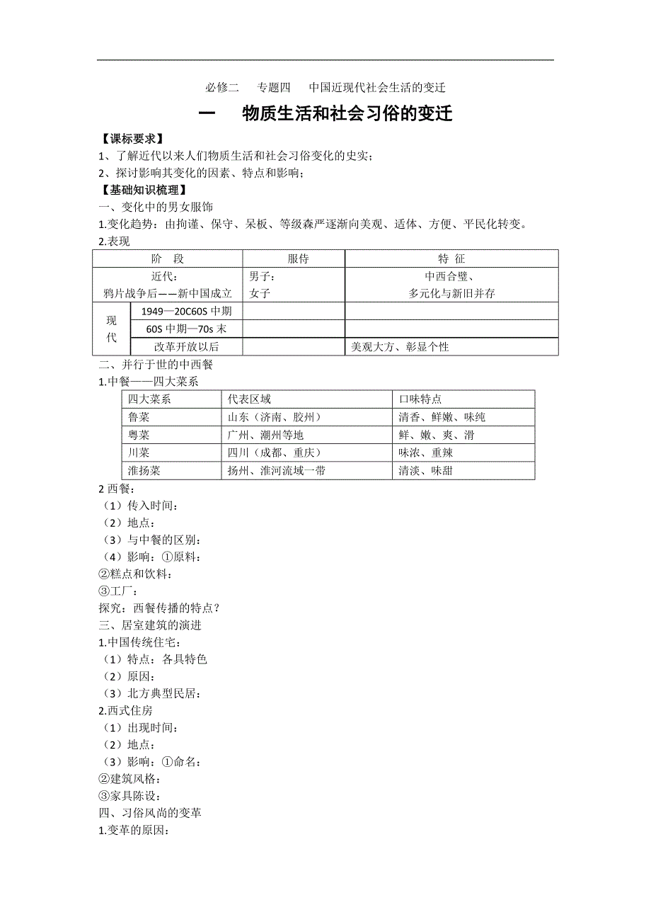 2013届高三人民版历史一轮复习学案：必修2 专题4 中国近现代社会生活的变迁_第1页