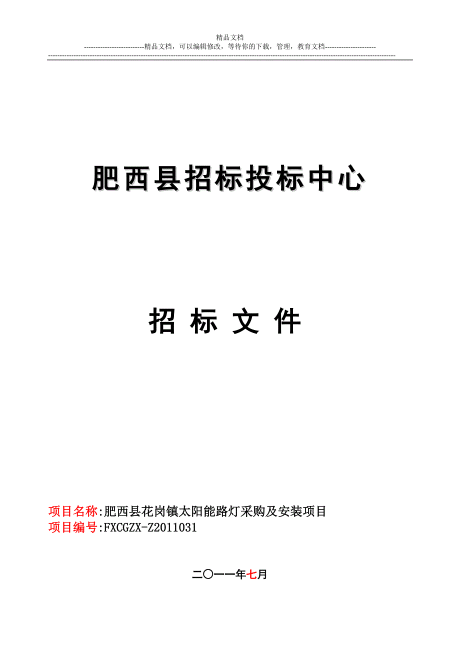 肥西县花岗镇太阳能路灯采购及安装项目招标文件_第1页