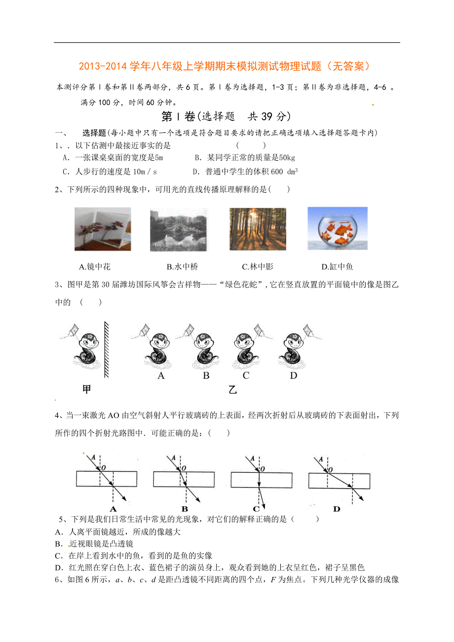 2013-2014学年人教版八年级上学期期末模拟测试物理试题_第1页