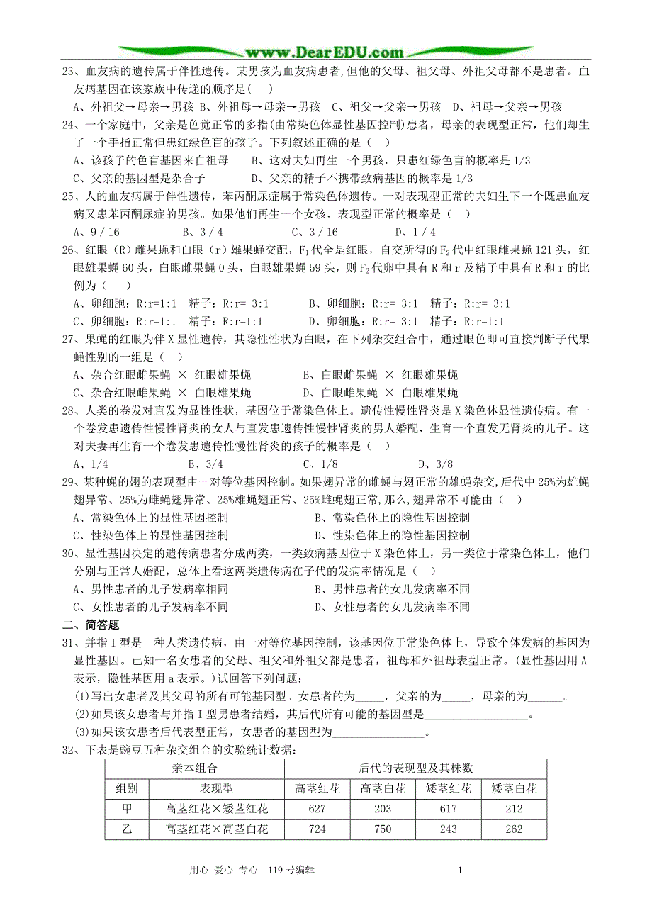 高中生物综合练习(必修2遗传的基本规律伴性遗传)新课标人教版必修2_第3页