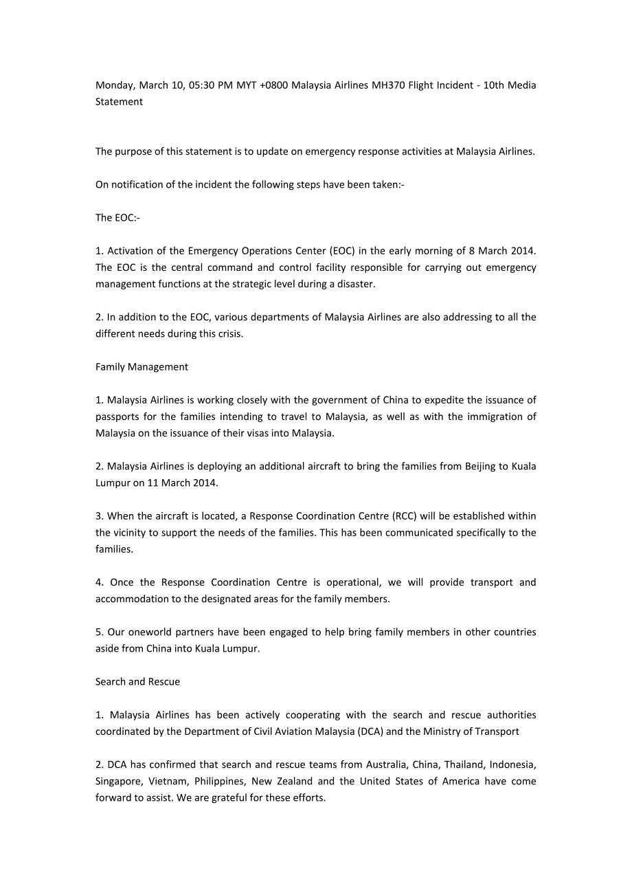 官方：马来西亚航空MH370航班第10次发表MalaysiaAirlinesMH370FlightIncident-10thMediaStatement_第1页
