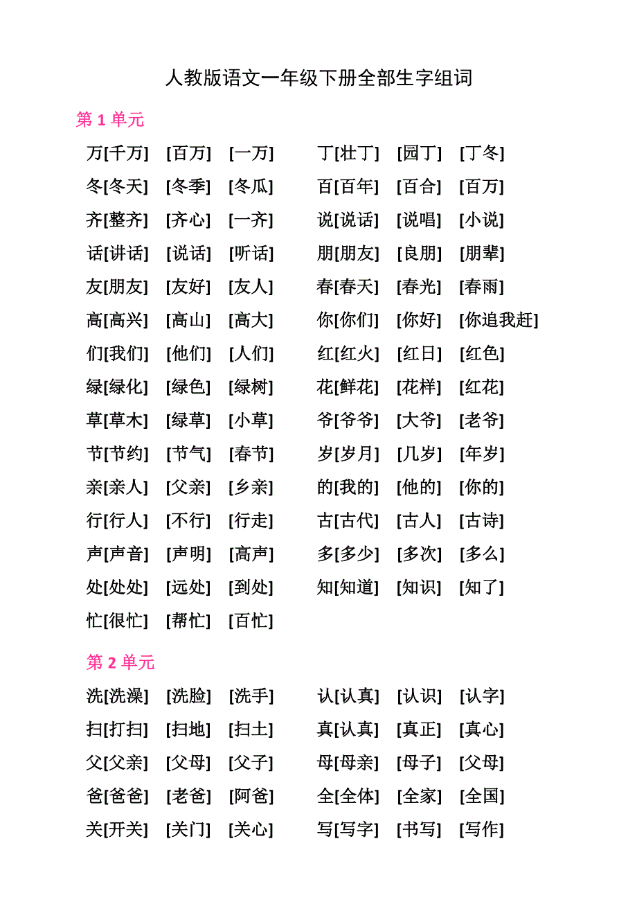 人教版语文一年级下册全部生字组词__附答案_第1页