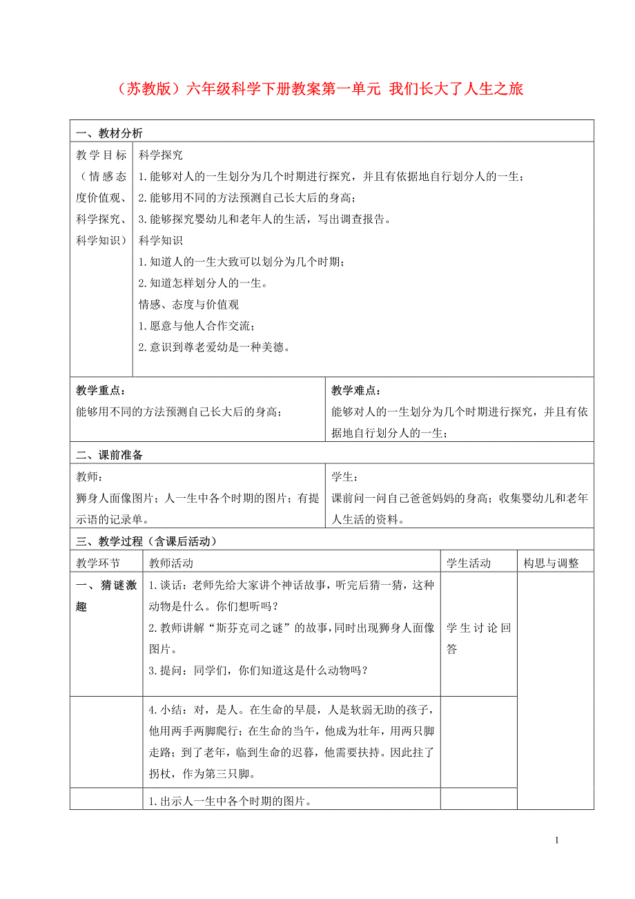 六年级科学下册 人生之旅教案3 苏教版_第1页