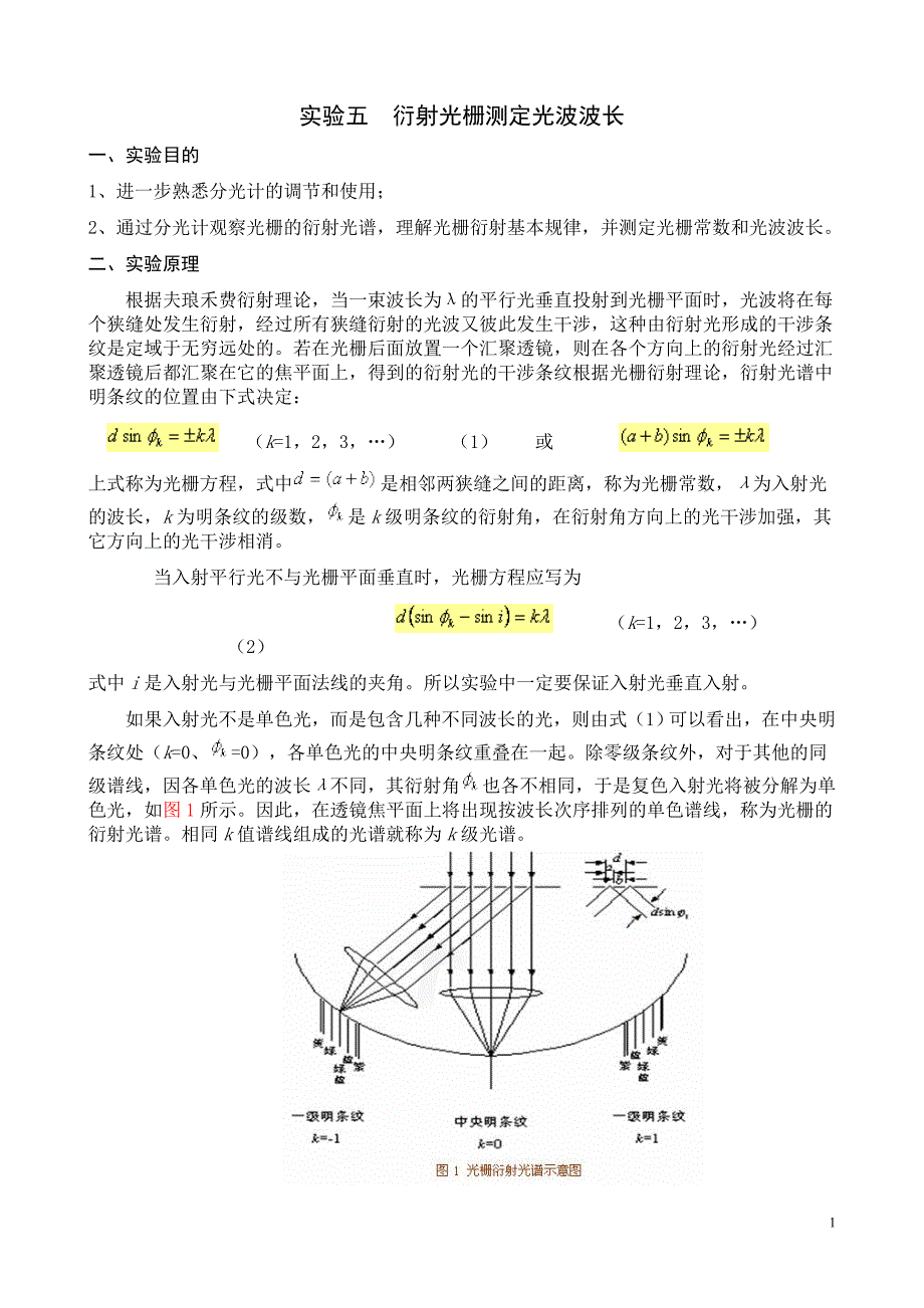 实验五 衍射光栅测定光波波长_第1页