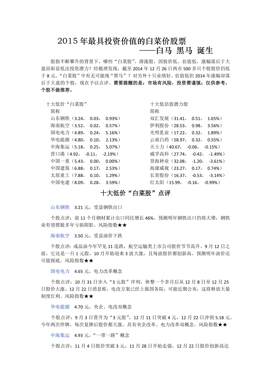 2015年最具投资价值的白菜价股票白马黑马诞生_第1页