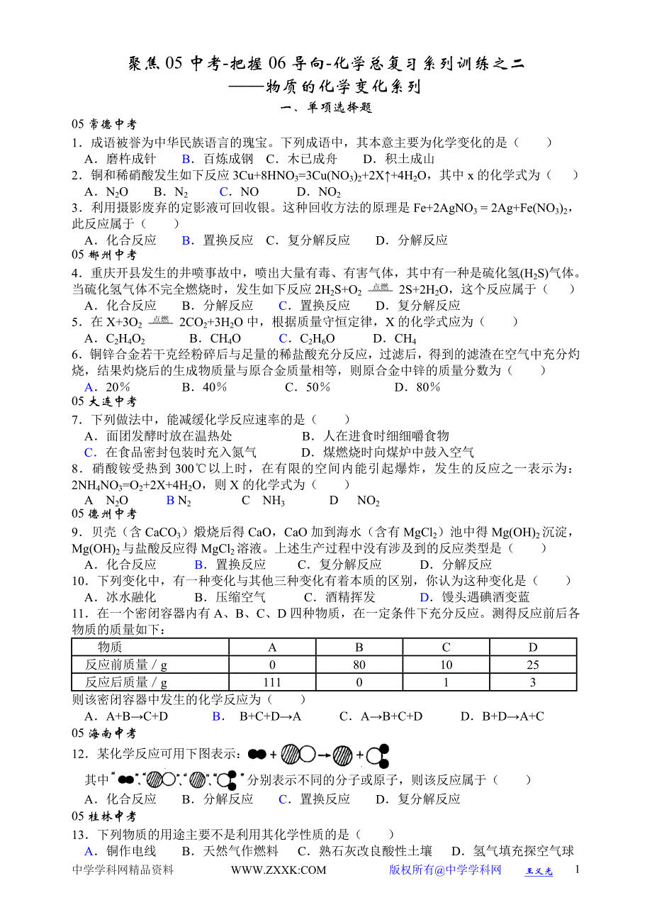 聚焦05中考-把握06导向-化学总复习系列训练之二_第1页