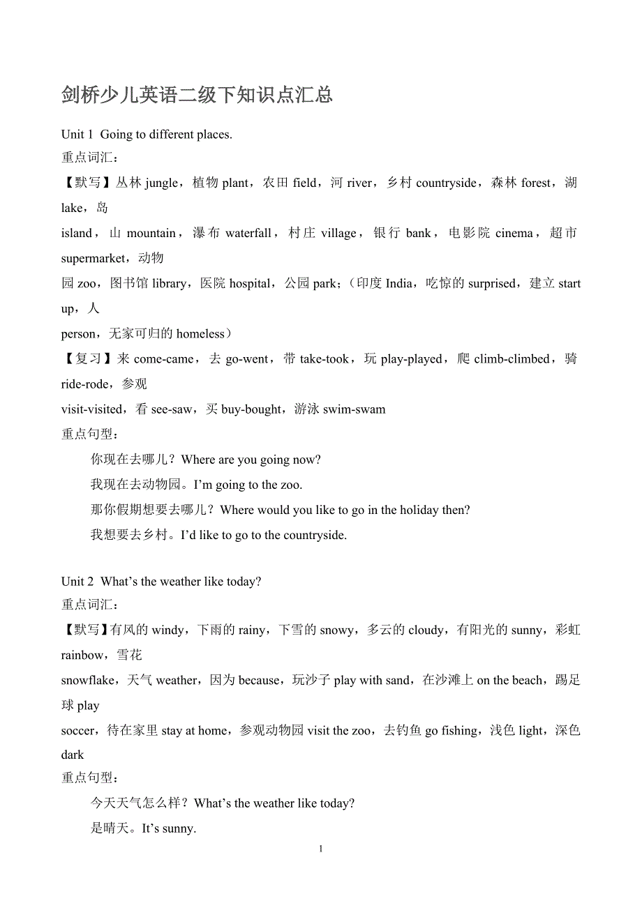 剑桥少儿英语二级下知识点汇总_第1页