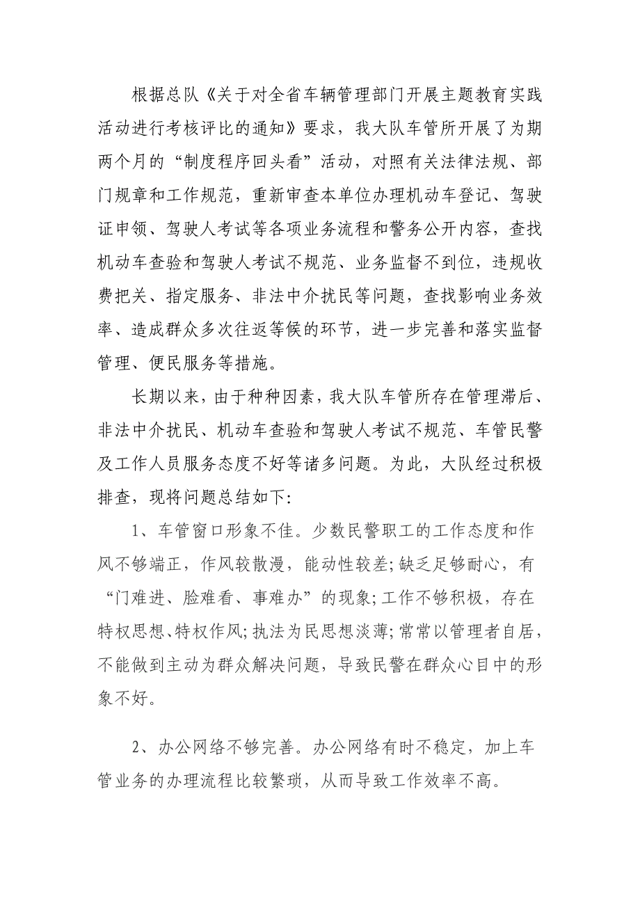 车管所排查突出问题材料_第1页