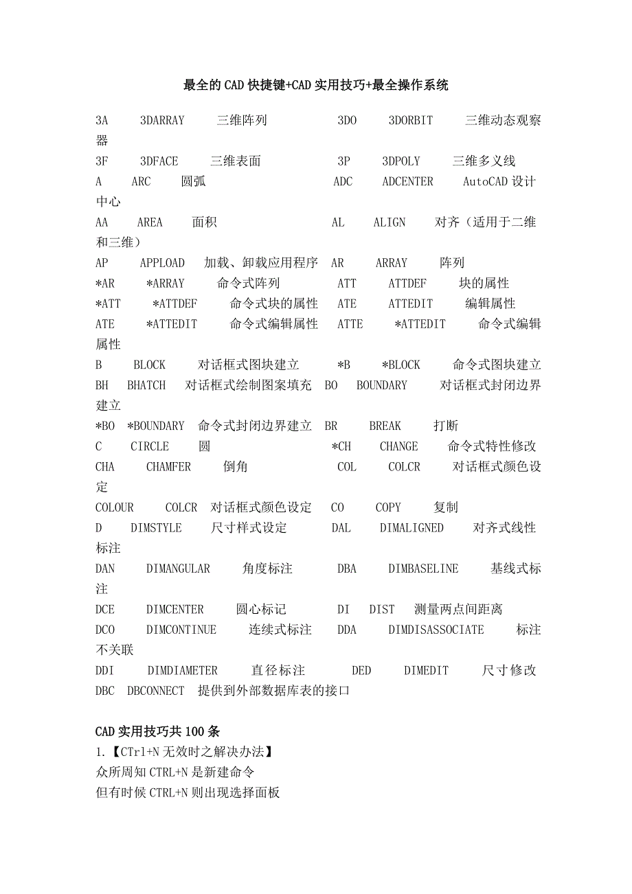 最全的CAD快捷键CAD实用技巧最全操作系统(完美排版)_第1页