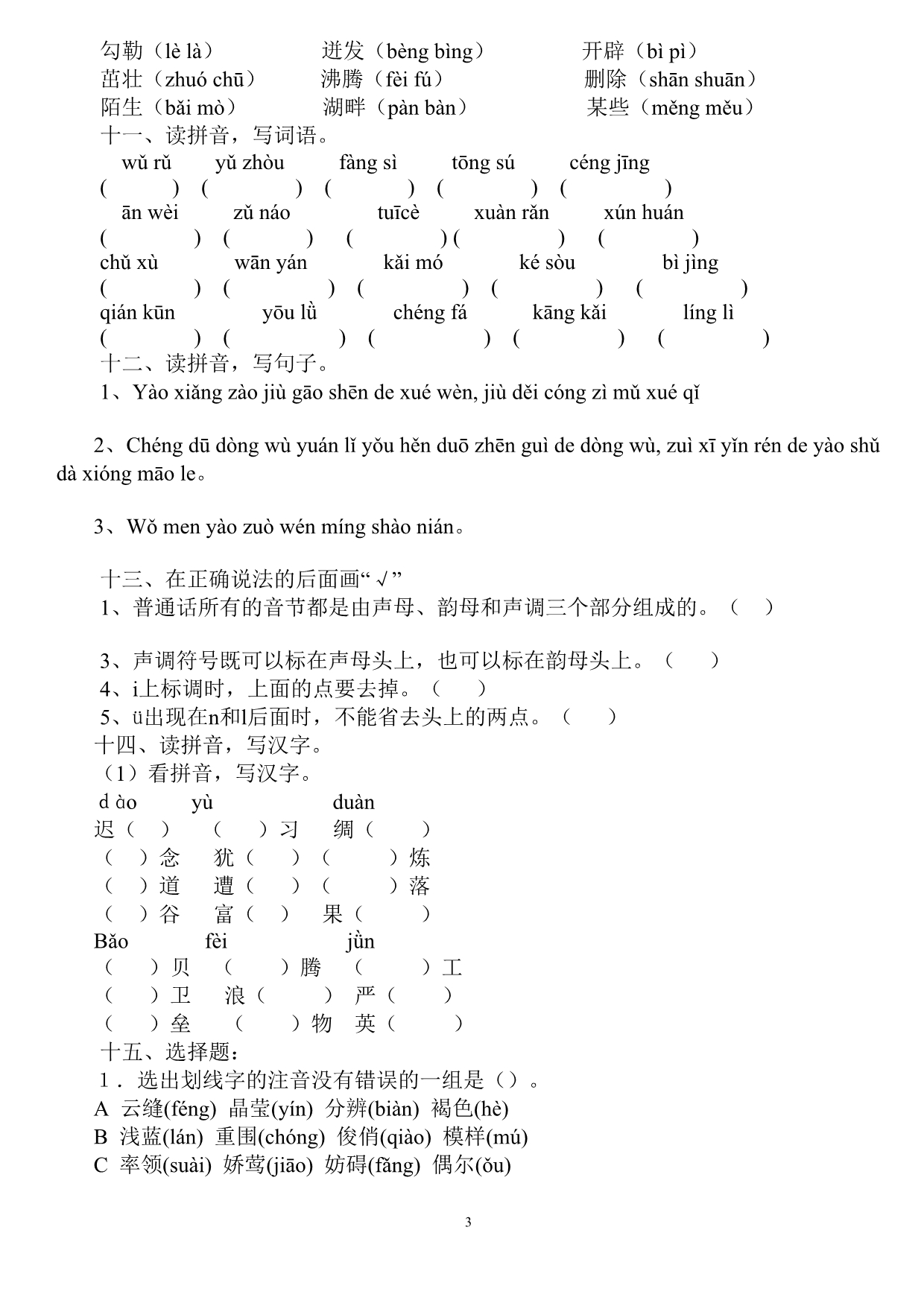 小学毕业复习拼音练习题_第3页