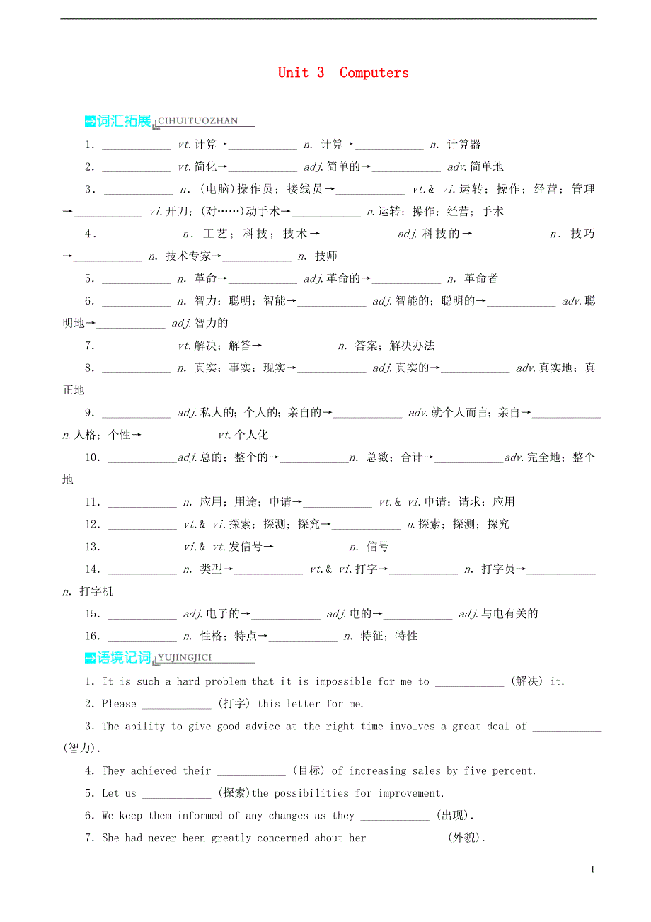 2014高考英语一轮复习 Unit3　Computers基础梳理训练 新人教版必修2_第1页