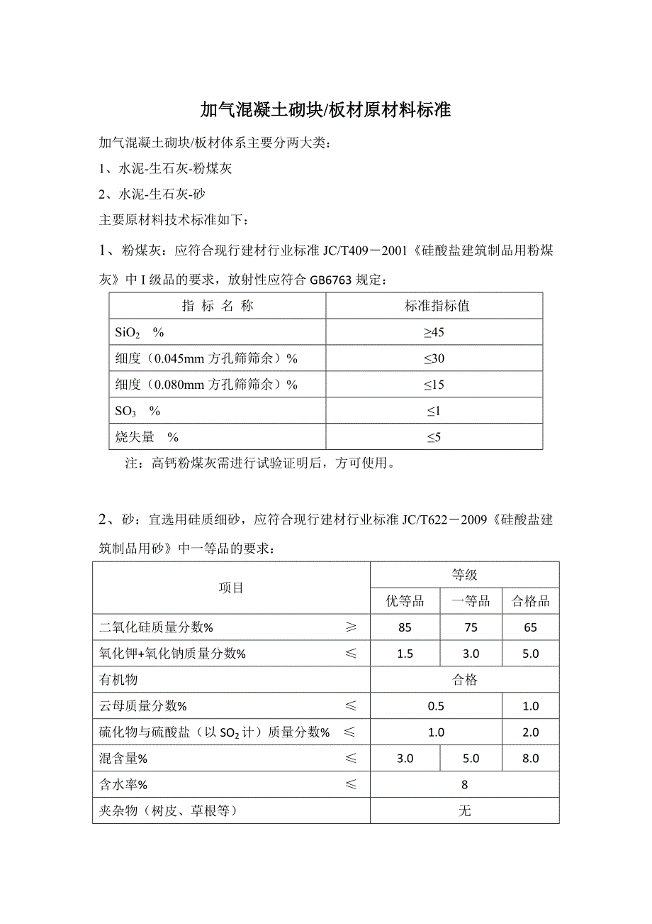 加气混凝土砌块原材料标准_第1页