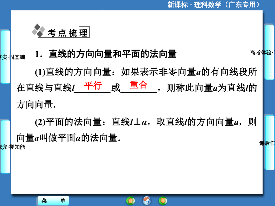 2014届高三人教A版数学(理)一轮复习课件：第7章 第7节 立体几何中的向量方法_第2页