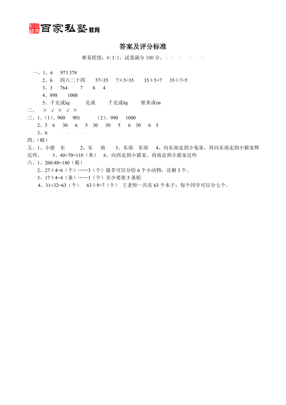 百家私塾小学二年级数学下册期末测试题_第4页