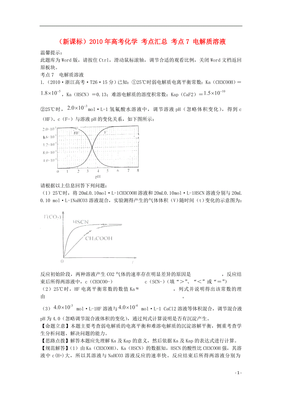 （新课标）2010年高考化学 考点汇总 考点7 电解质溶液_第1页